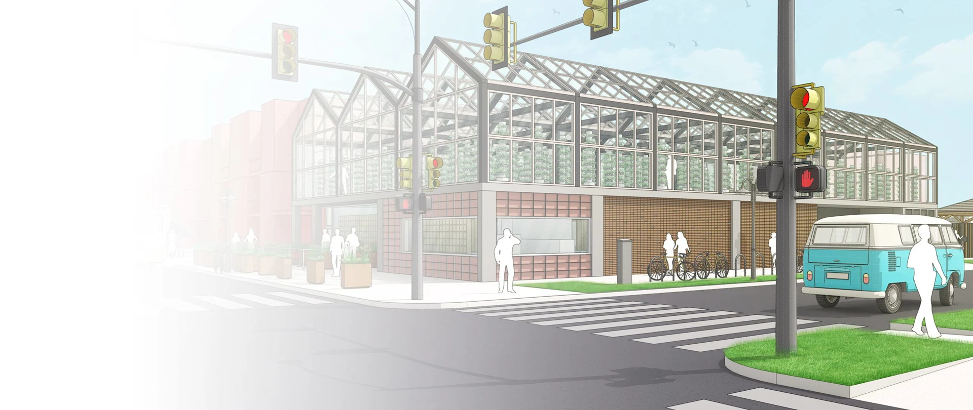 SketchUp model of a building exterior shown from a street view with a car and scale figures