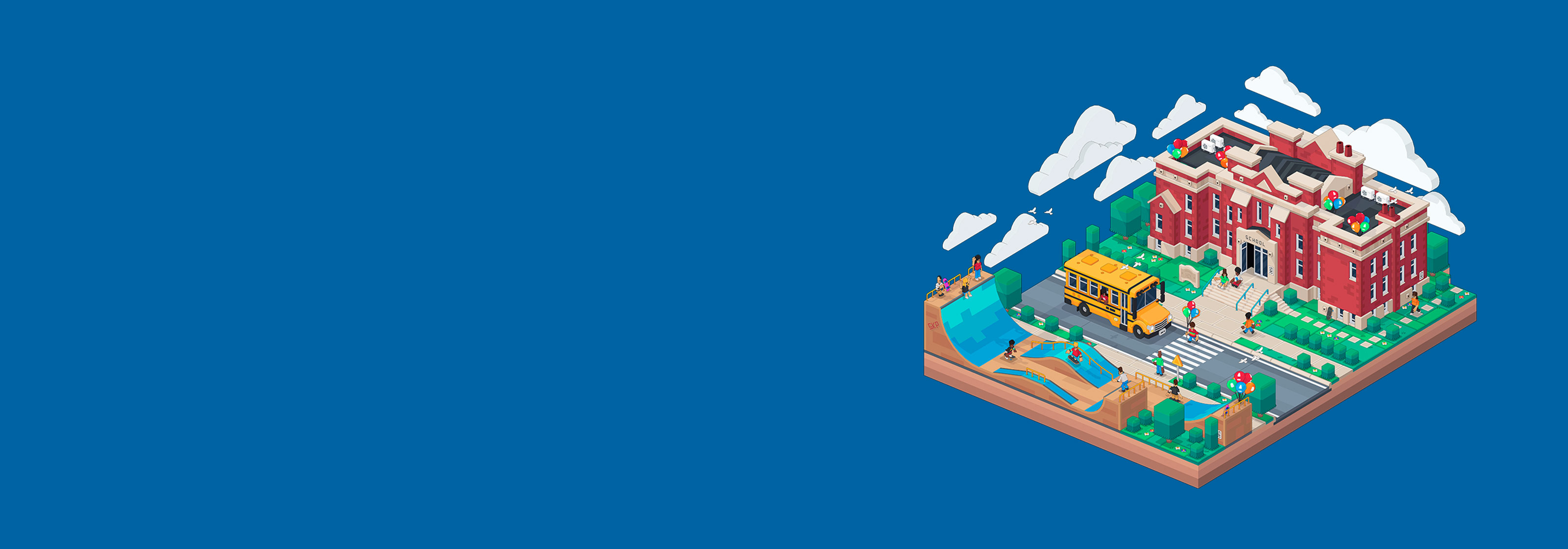 3D SketchUp 模型鸟瞰图：一座红砖学校建筑和一辆黄色校车