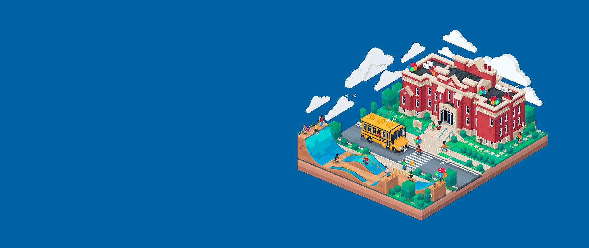 Aerial view of 3D SketchUp model showing a red brick school building and a yellow school bus