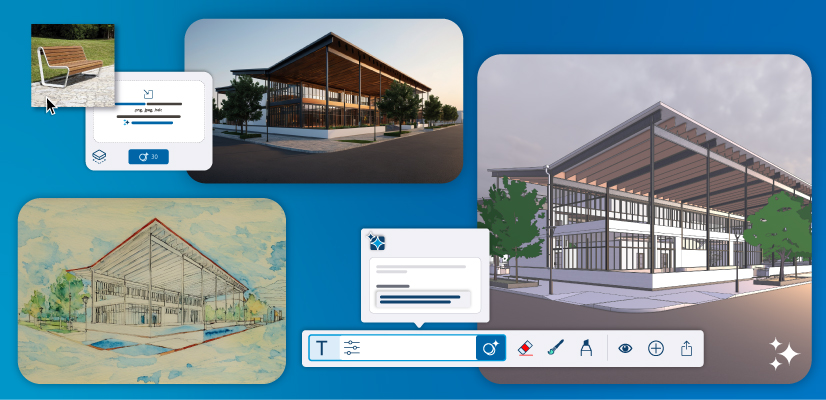 3D-modell, skiss och rendering av en byggnads exteriör.
