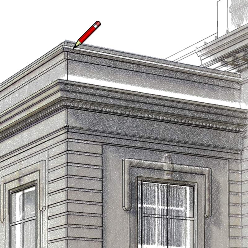 Nahaufnahme eines Modells einer Gebäudeaußenseite im Stil einer handgefertigten Skizze mit einem roten Bleistiftsymbol, das über dem Modell schwebt.