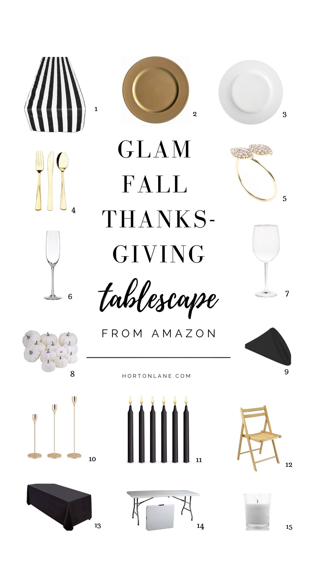 Pinterest Pin-Glam Black White and Gold Fall Thanksgiving tablescape