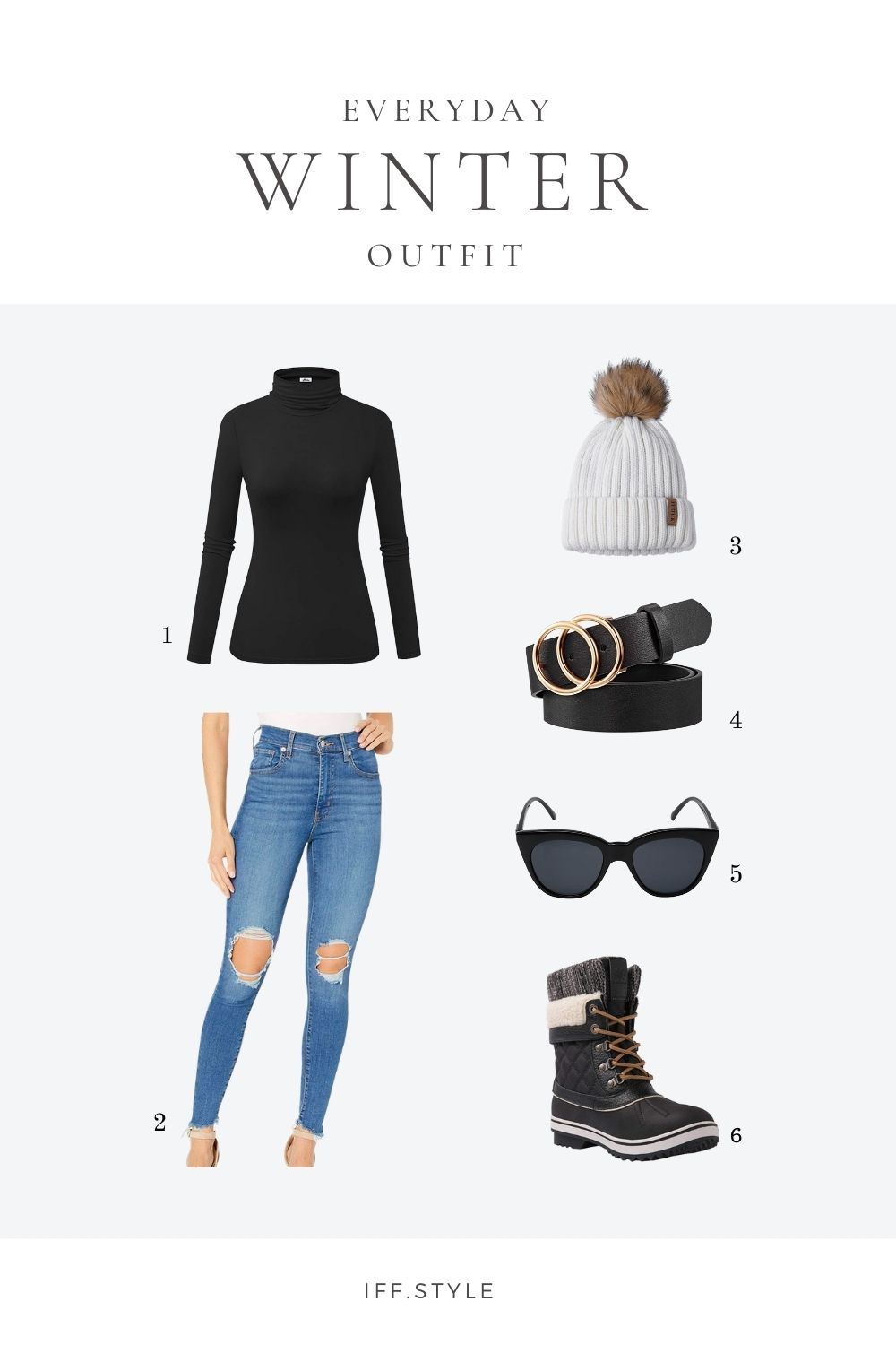 Pinterest Pin-Everyday winter casual outfit for the snow black turtleneck jeans black boots black and gold belt white knitted beanie