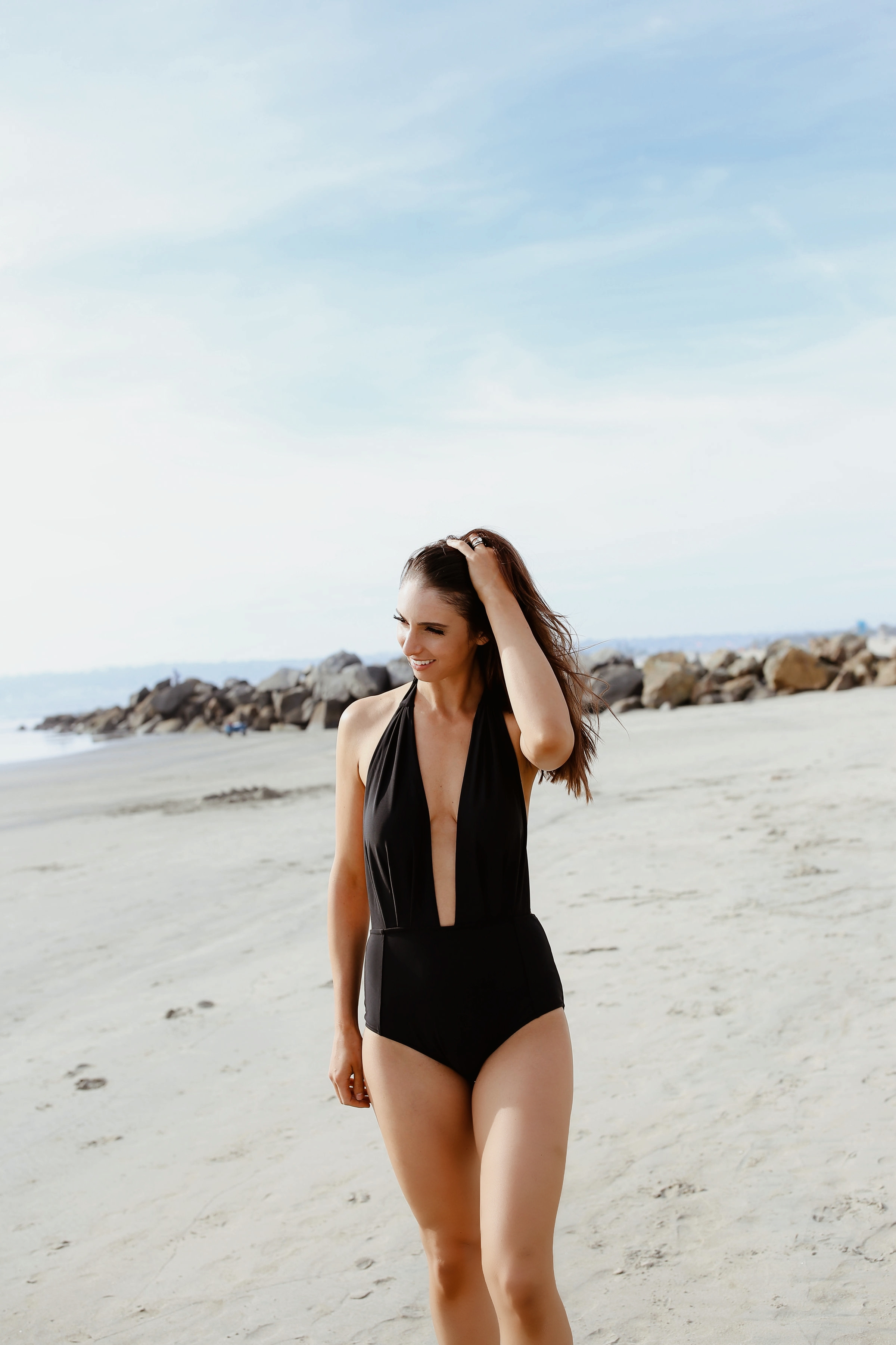 Swimsuits-black retro deep blunge deep v neck backless high waisted one piece backless halter swimsuit coronado