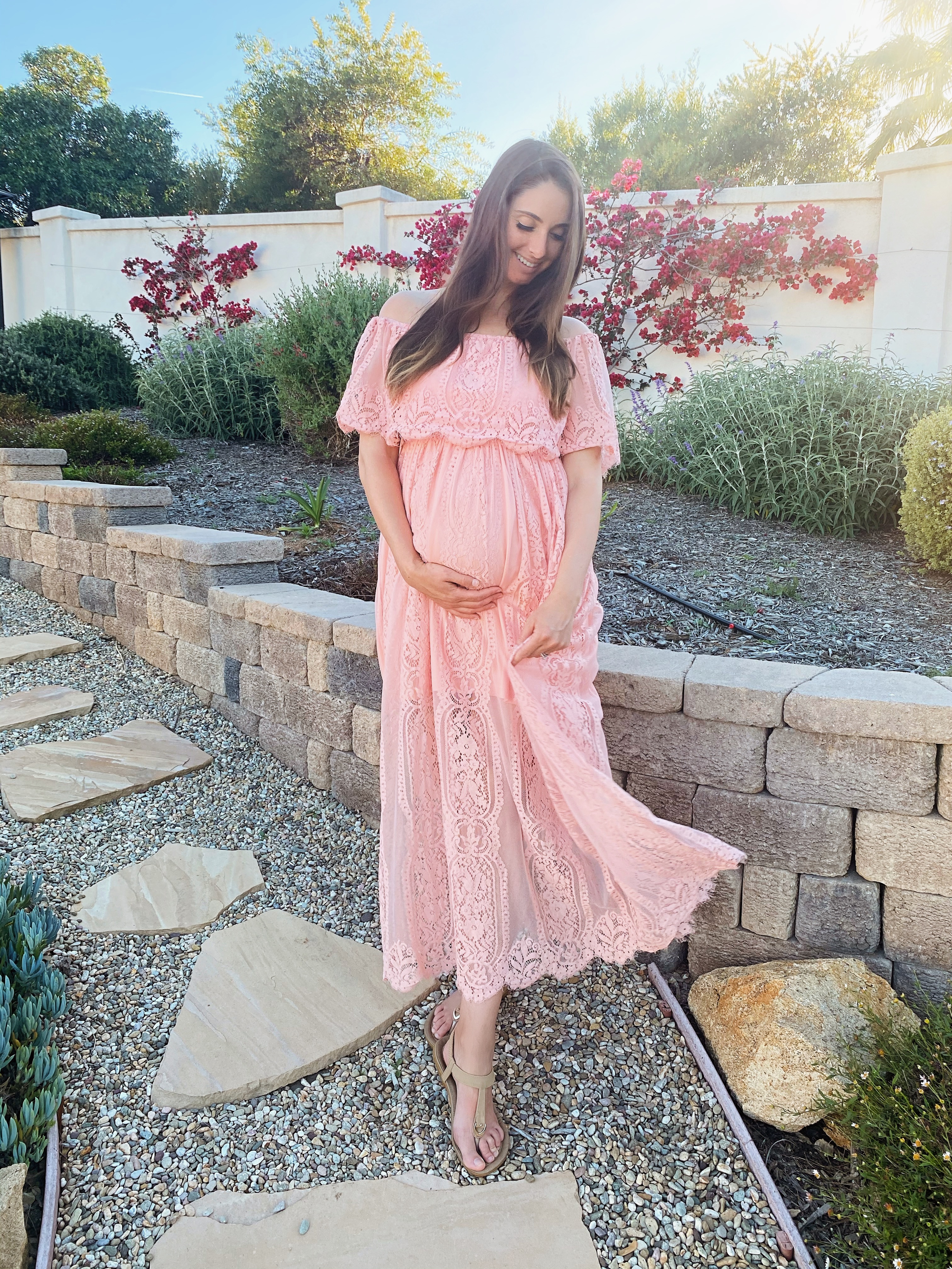 Motherhood-Fashion Maternity Friendly Breastfeeding Friendly Wedding Guest Dresses pink off the shoulder lace ruffle maxi dress baby girl shower