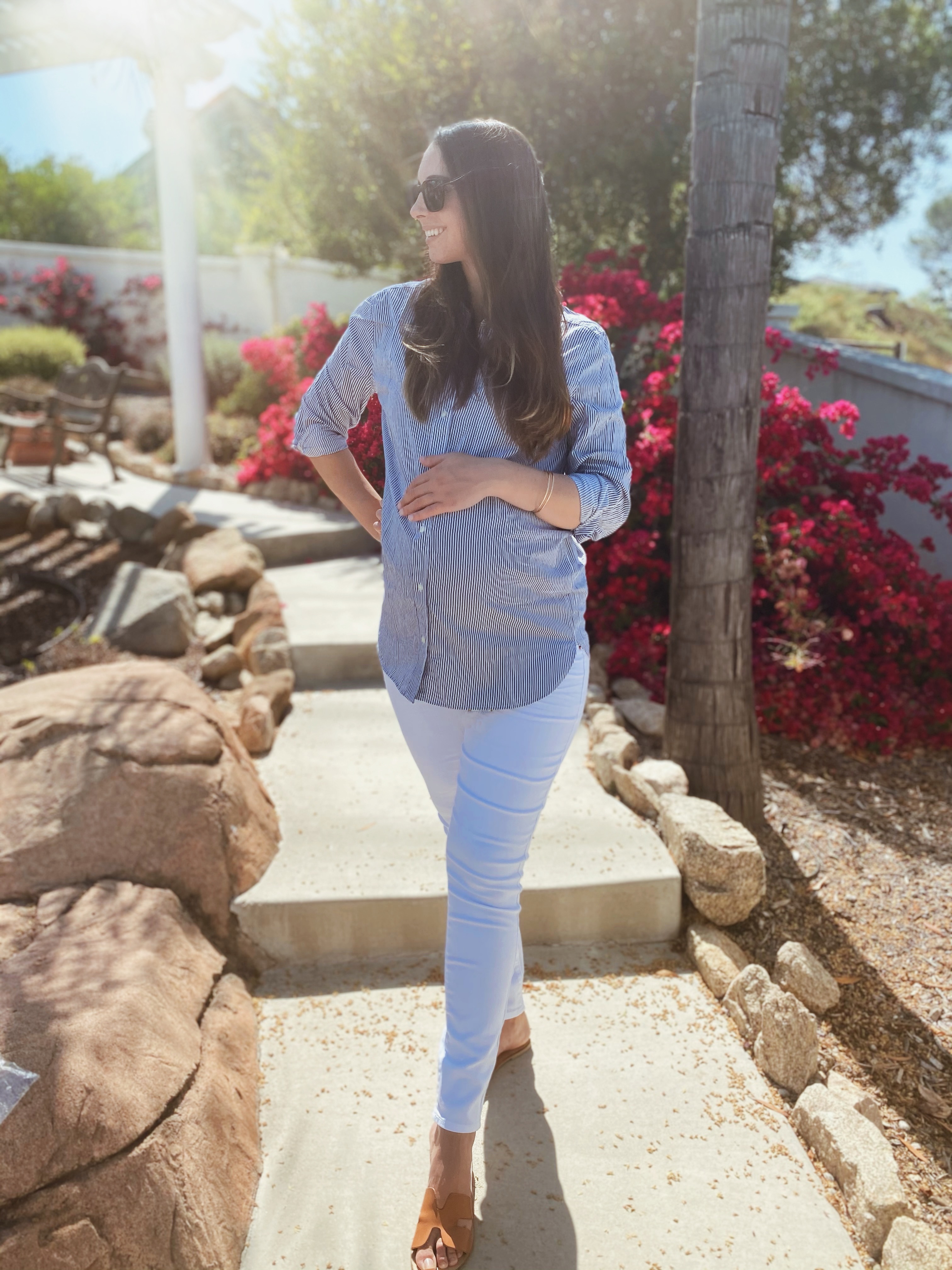 Top-Postpartum Breastfeeding Friendly Maternity Casual Blue and White Striped Button Down Blouse