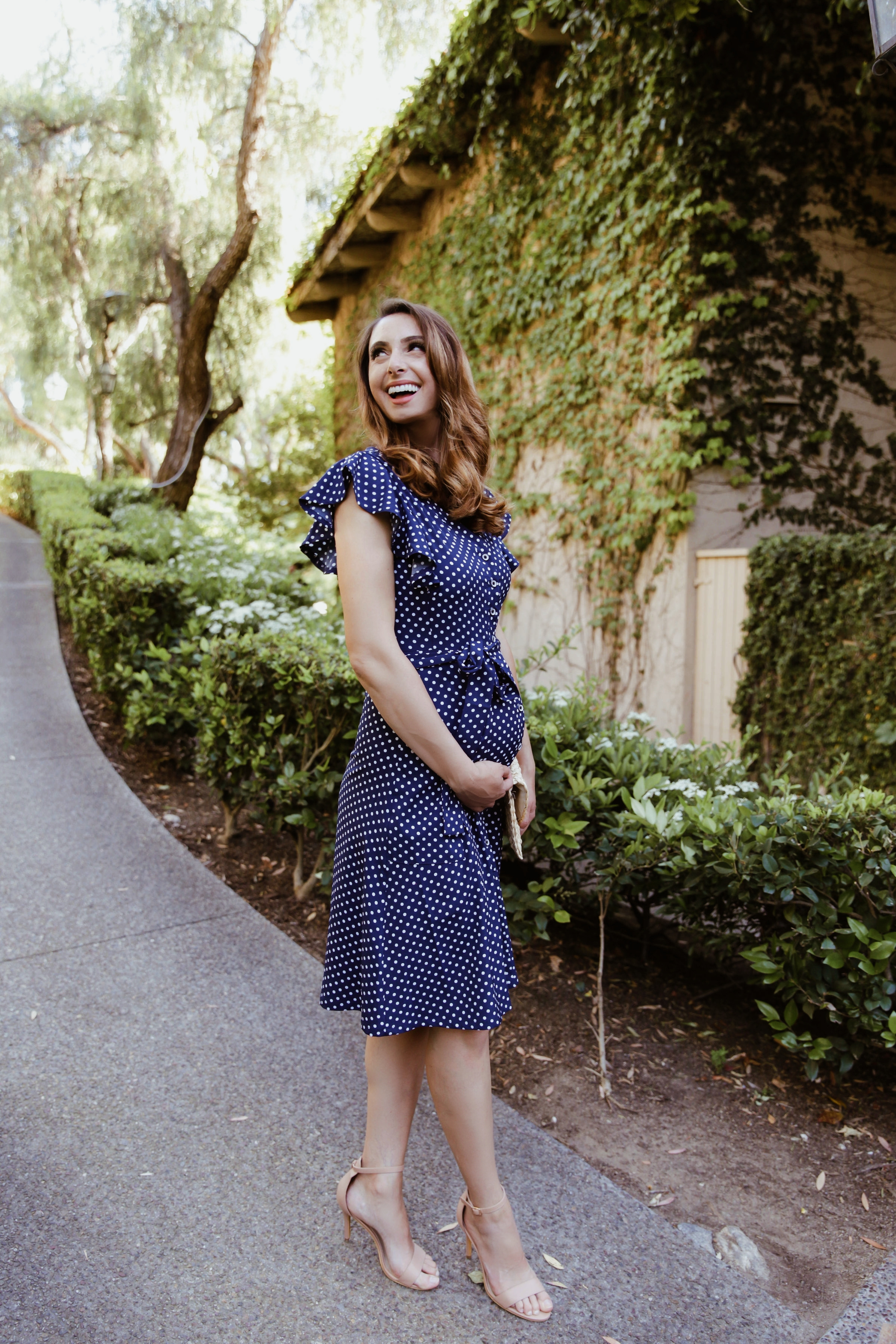 Fashion-Swing vintage navy blue button down midi dress with sleeves maternity spring summer easter brunch wine tasting bridal shower baby shower wedding guest