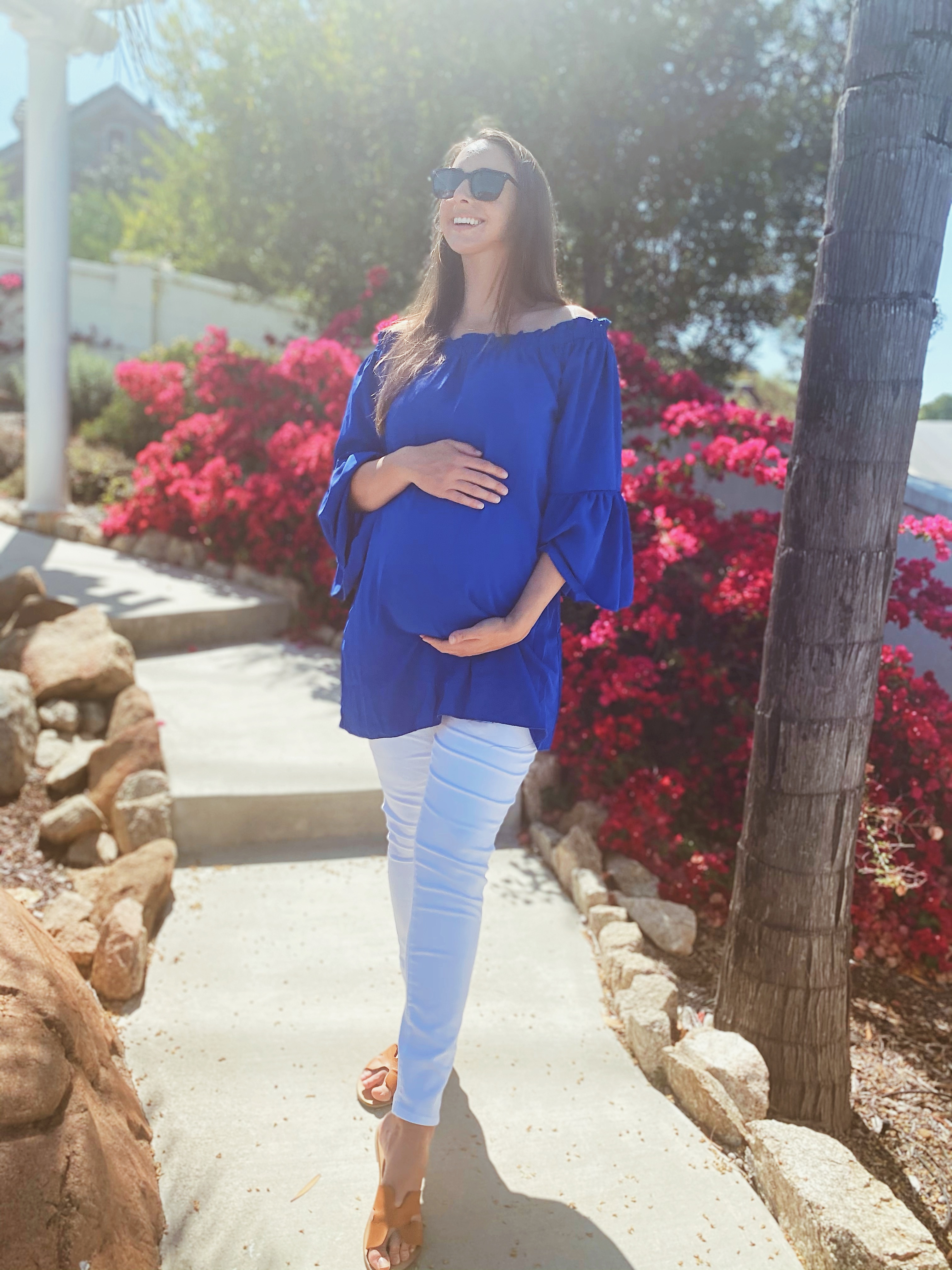 Maternity Fashion-Blue and White Casual Maternity Style blue flowy blouse off the shoulder mini dress white maternity jeans
