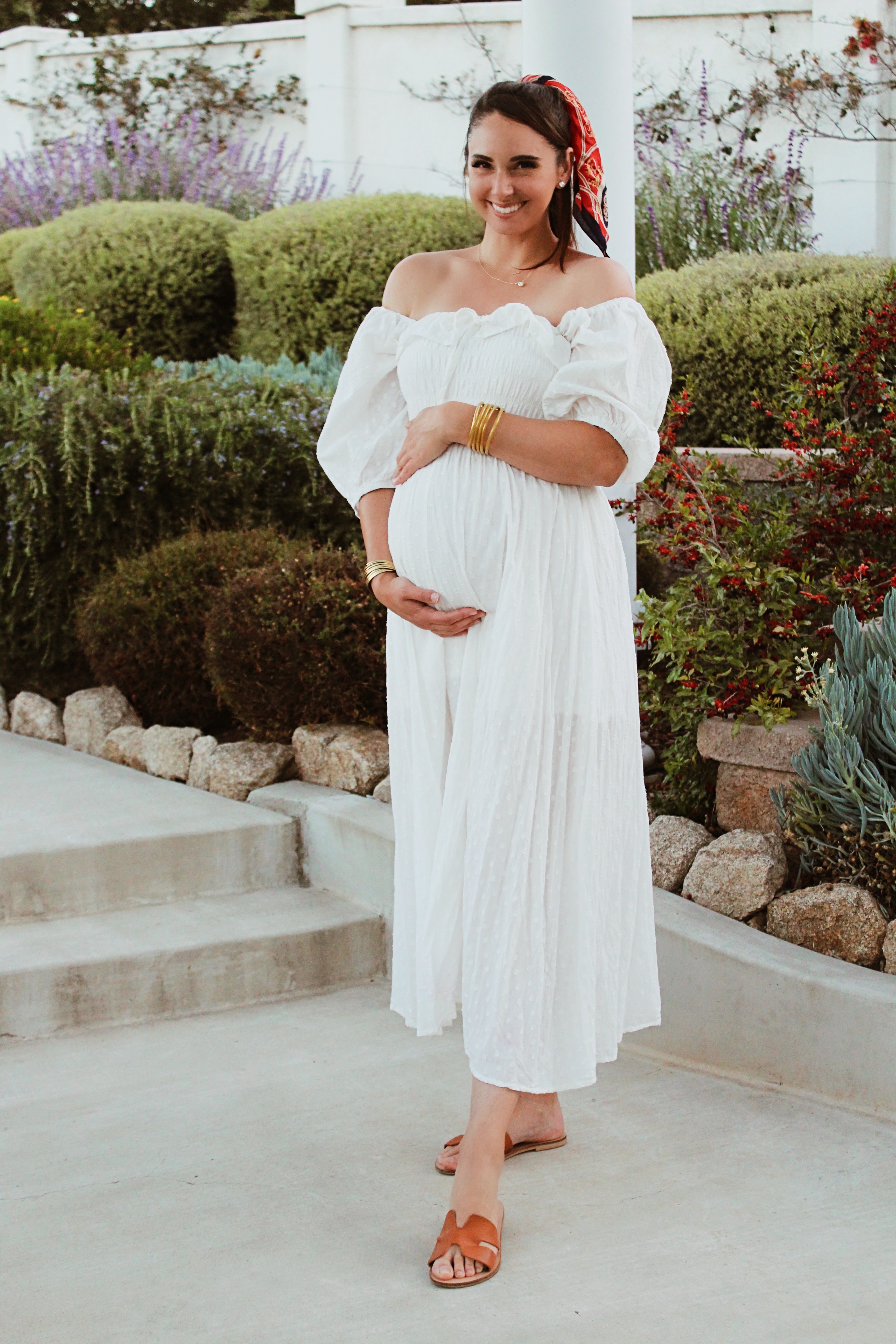Maternity Style-4th of July Maternity Summer Outfits Everyday Style Street style white flowy off the shoulder dress 1