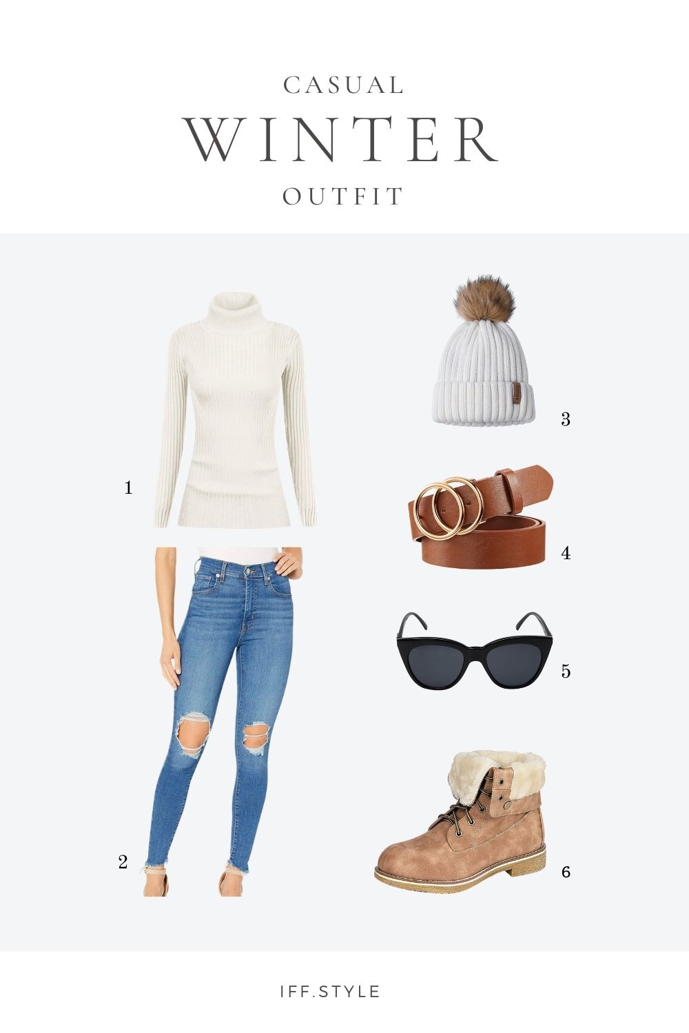 Pinterest Pin-Casual Winter Outfit white turtleneck blue jeans beanies camel tan boots
