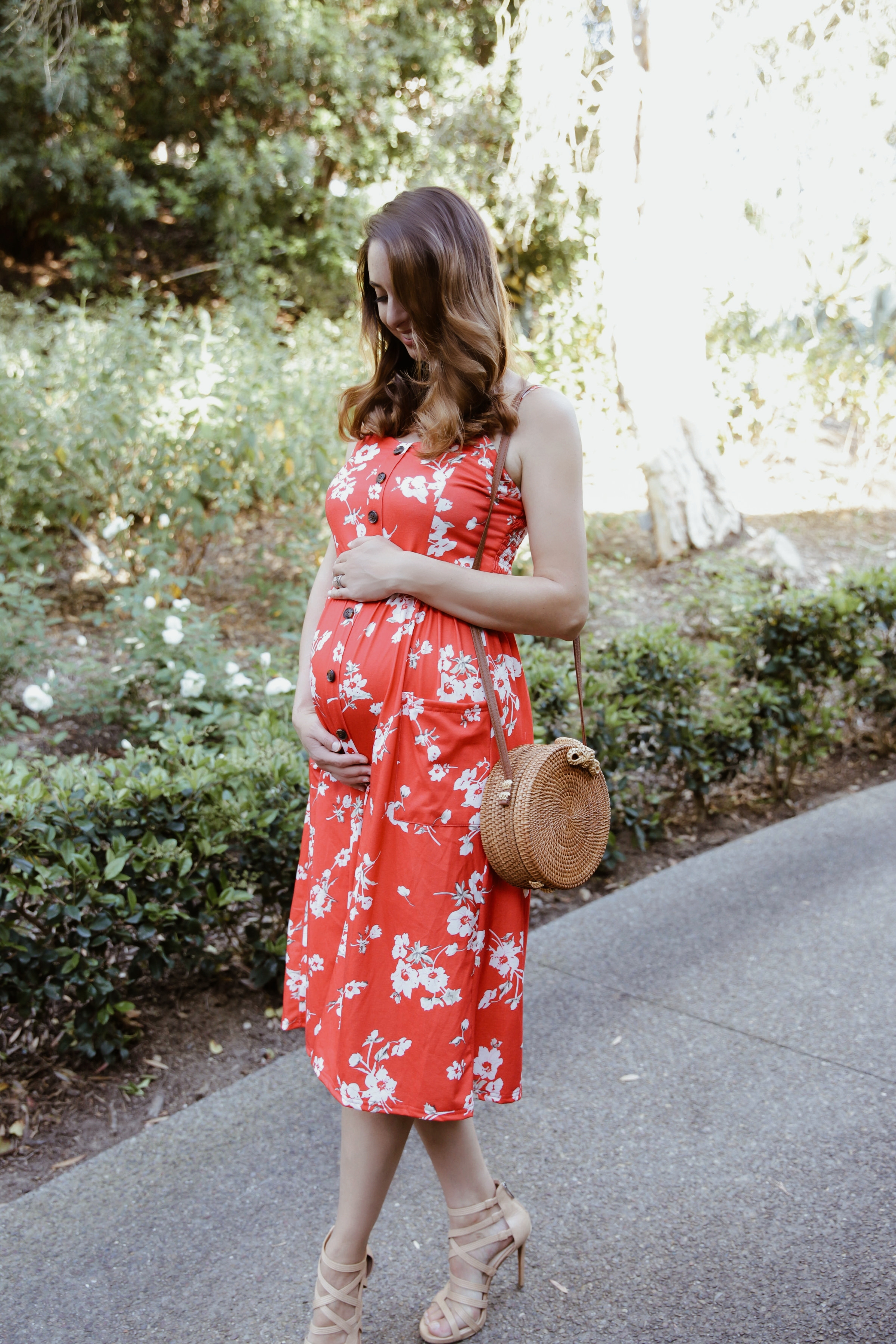 Fashion-Red floral midi dress maternity spring summer easter brunch wine tasting bridal shower baby shower wedding guest