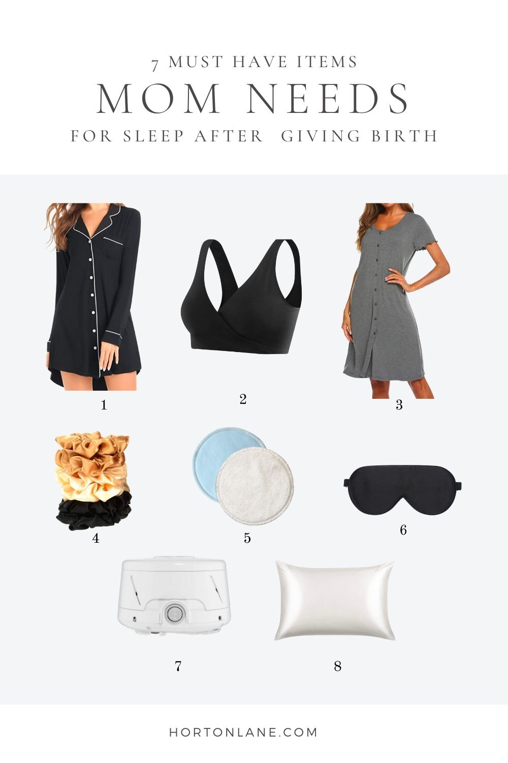 Motherhood-Pinterest pin-must have items every mom needs for sleeping after giving birth, breastfeeding clothes, breastfeedingware, sleepware
