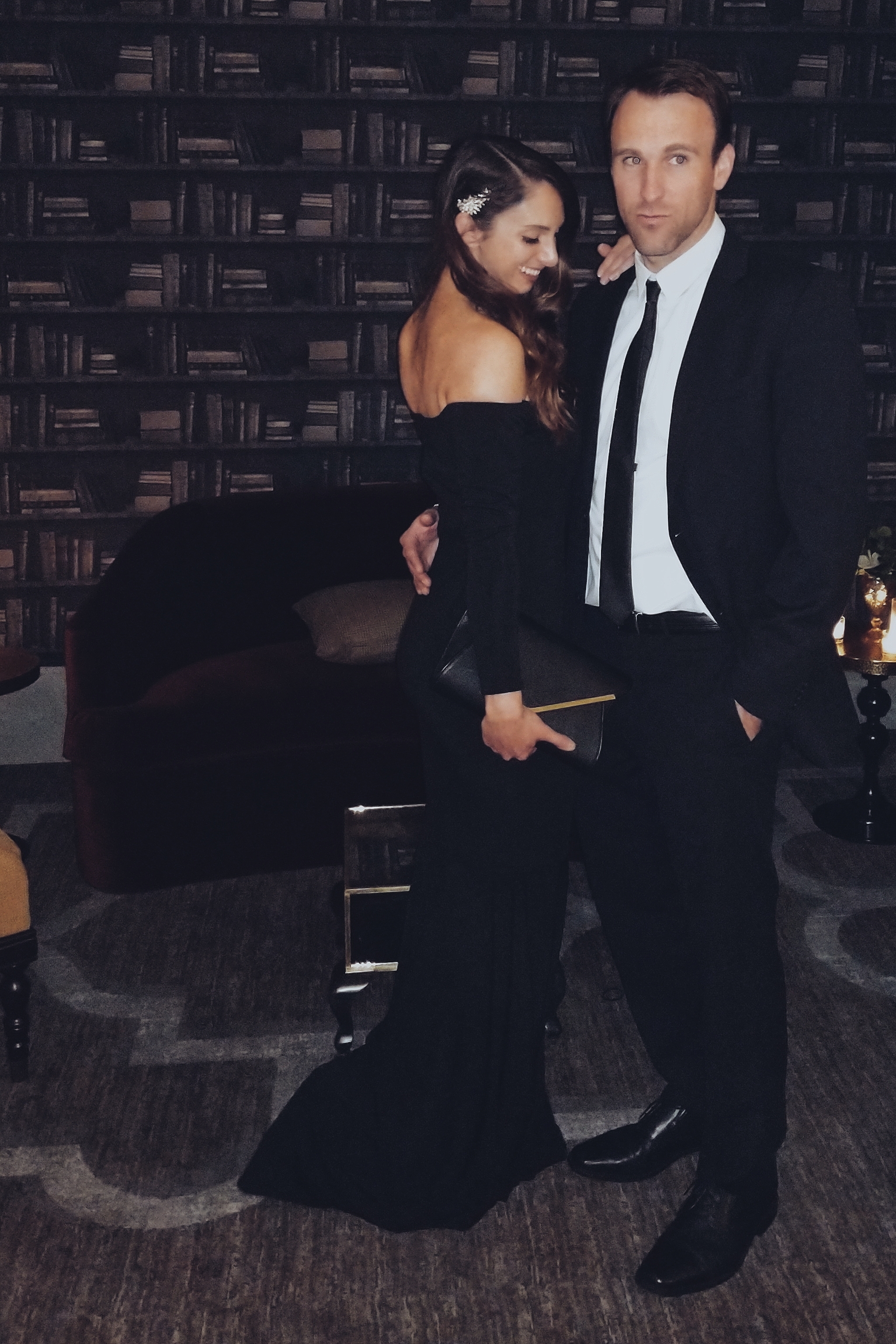 Fashion-NYE formal dress black floor lengeth off the shoulder couples outfits new years eve fancy black tie attire