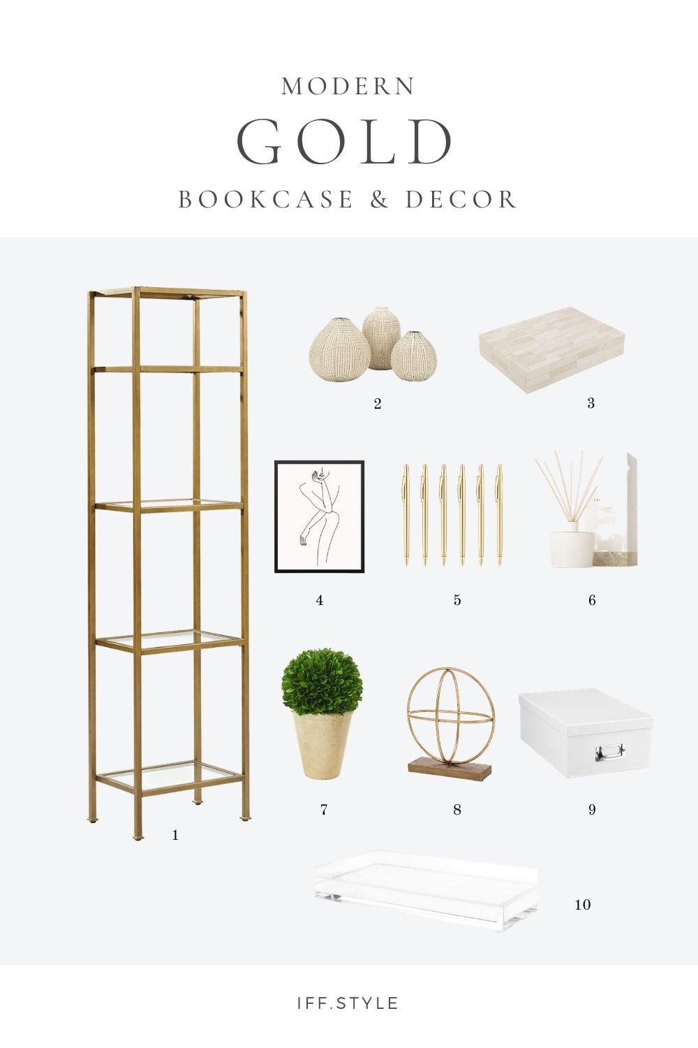 Pinterest Pin-modern gold bookcase and decor how to style a bookshelf