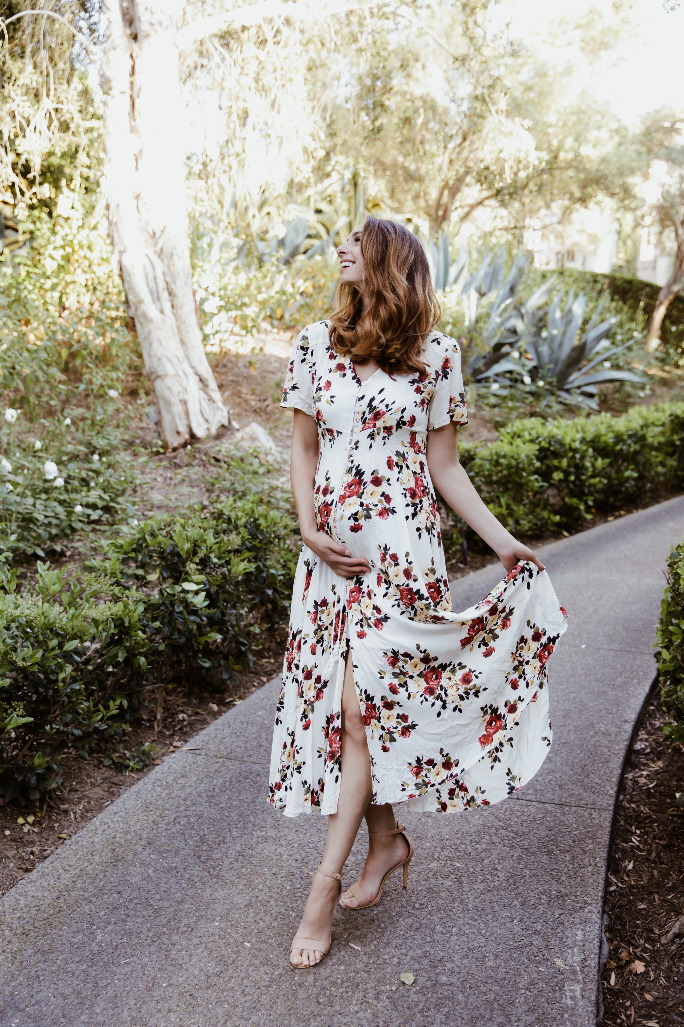 Fashion-Long white floral maxi dress with sleeves button down maternity spring summer easter brunch wine tasting bridal shower baby shower wedding guest