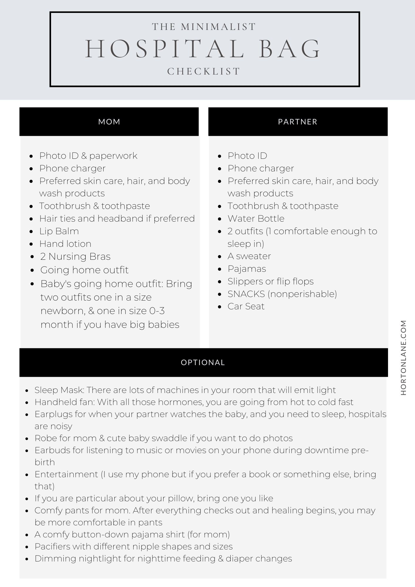 Horton Lane  The Minimalist Hospital Bag Checklist