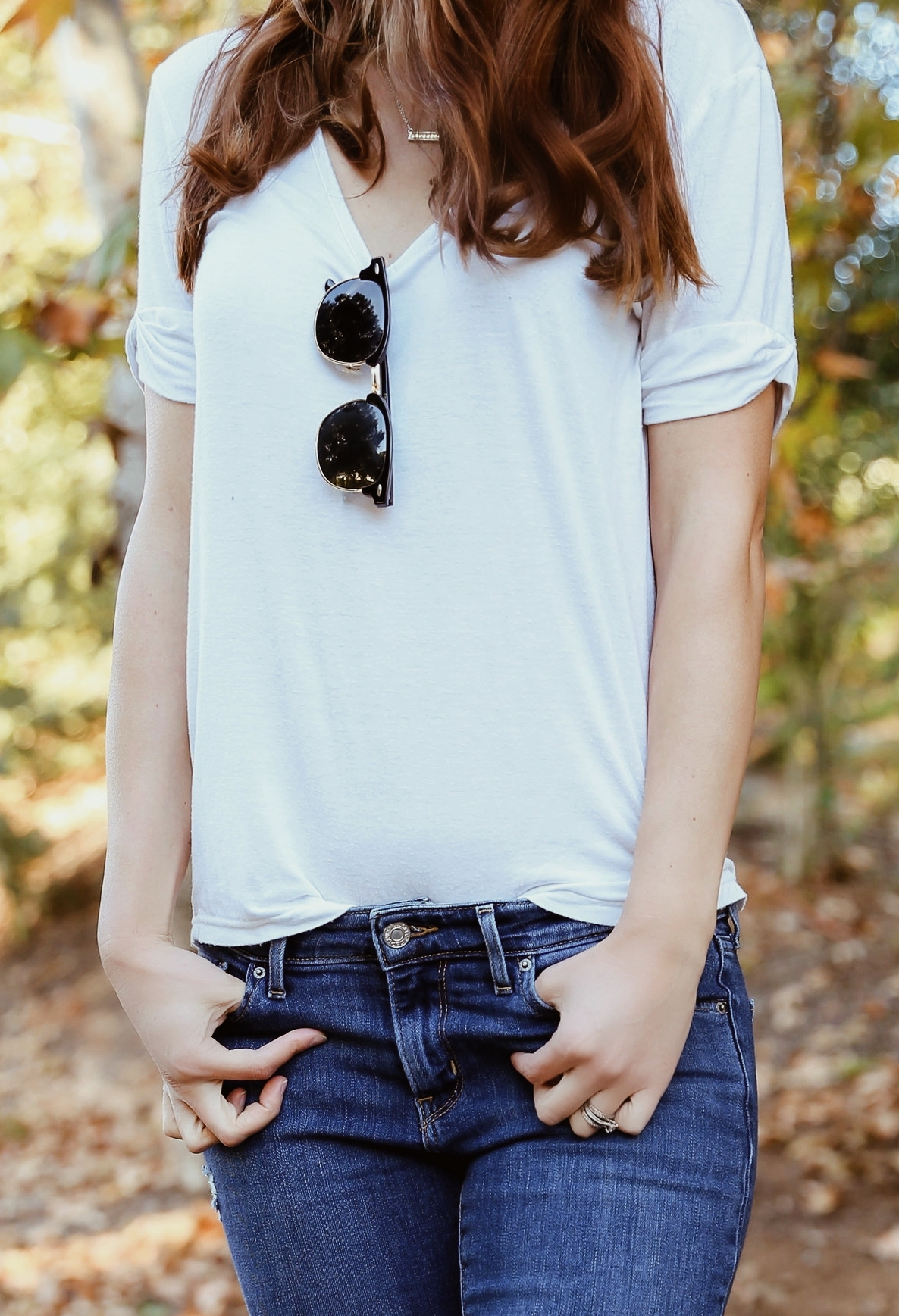 Clothing Tops-White Loose V Neck Tee