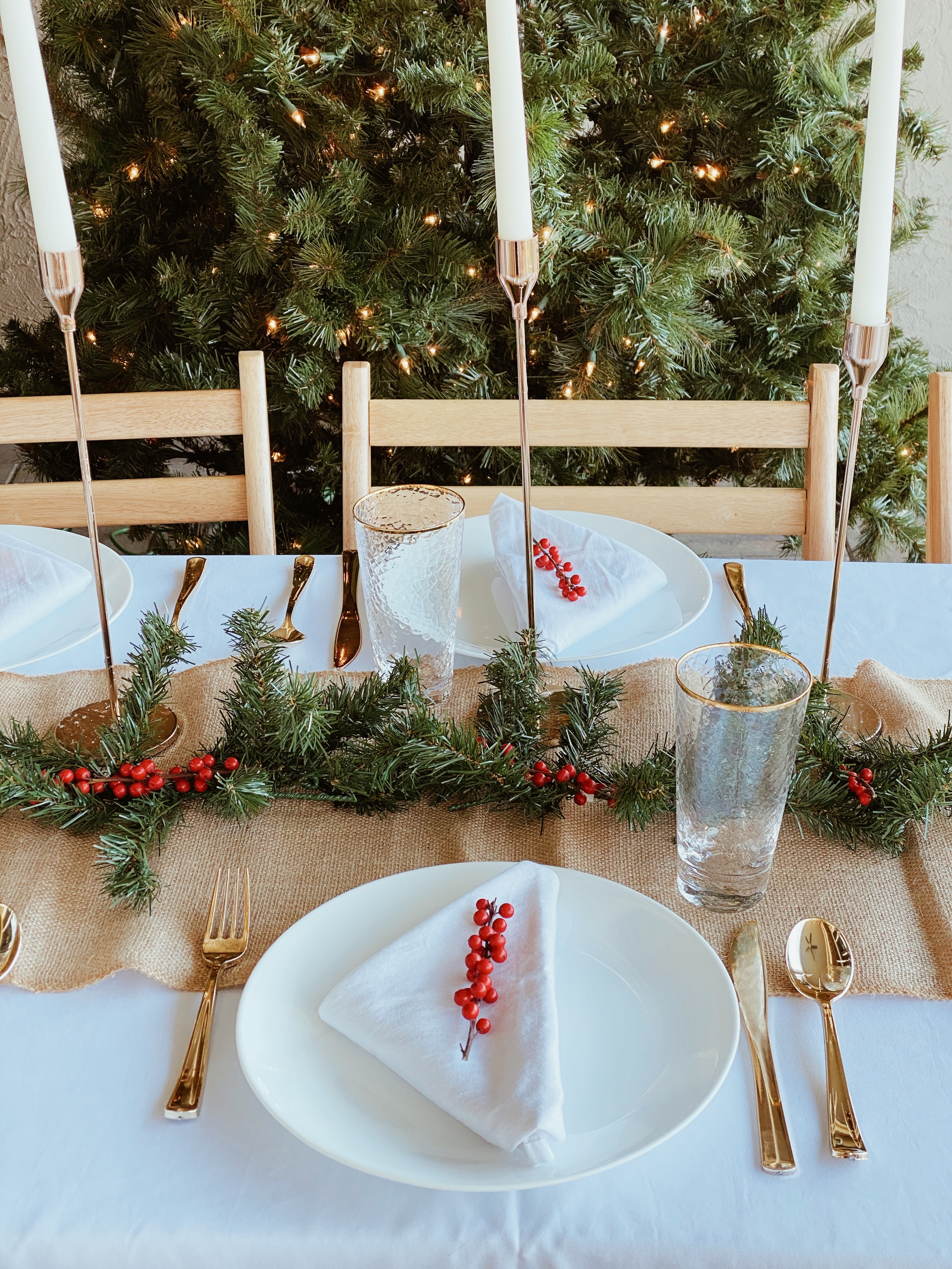 Holiday Decor-Christmas Tablescape last minute red and white traditional grocery store flowers garland and holly berry farmhouse