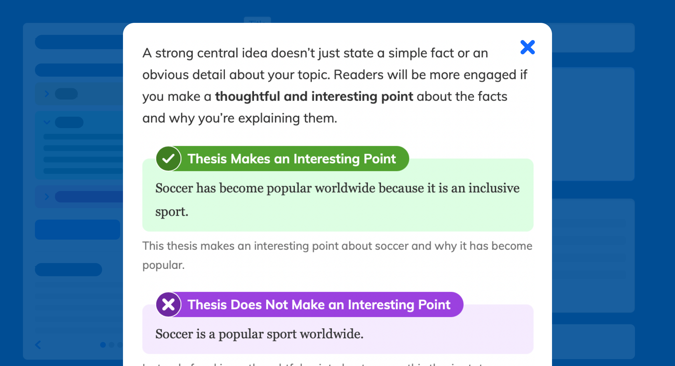 Example student writing tip that explains what makes a strong thesis, with an example of a thesis that makes an interesting point and an example of a thesis that doesn't make an interesting point.