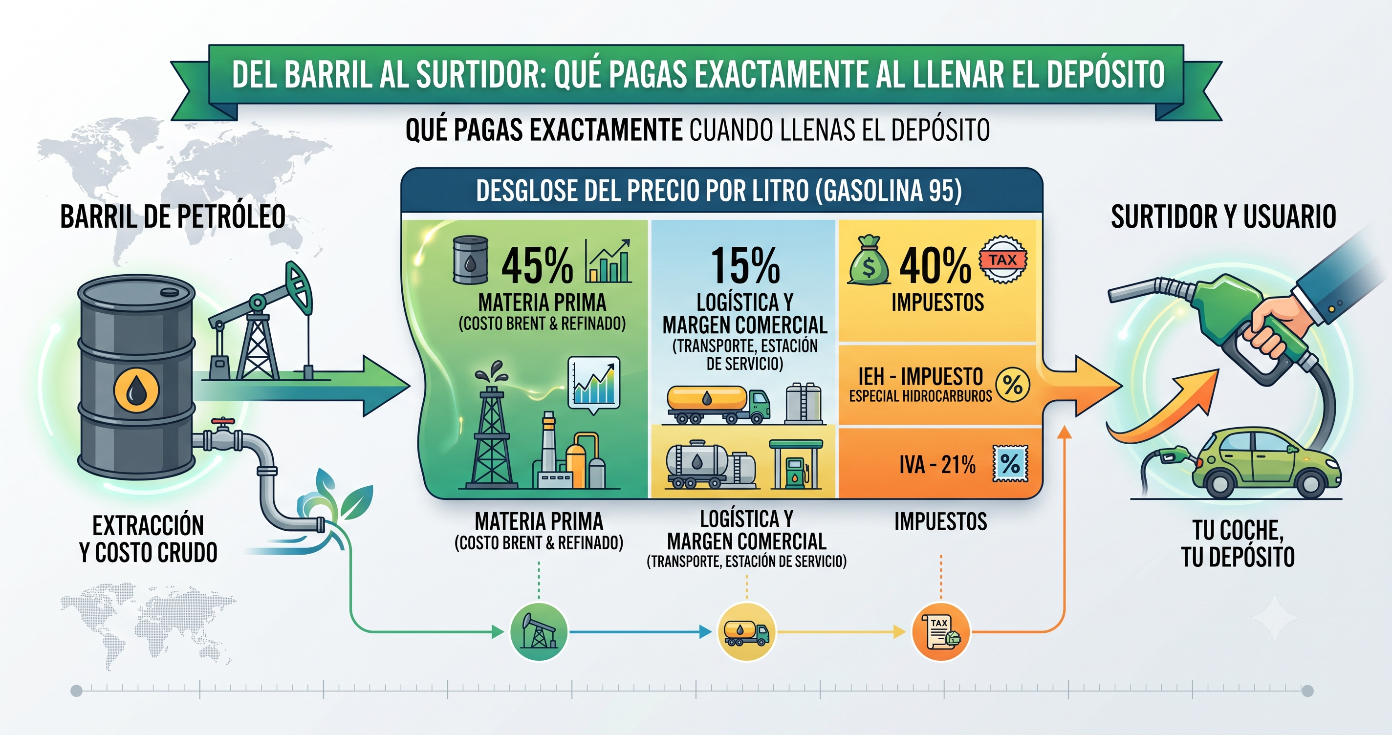 Del barril al surtidor: qué pagas exactamente cuando llenas el depósito