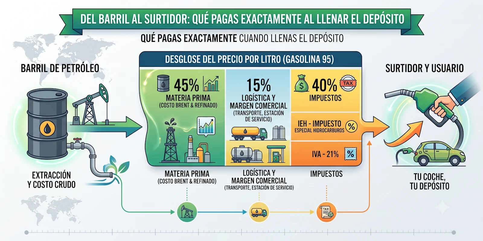 Del barril al surtidor: qué pagas exactamente cuando llenas el depósito