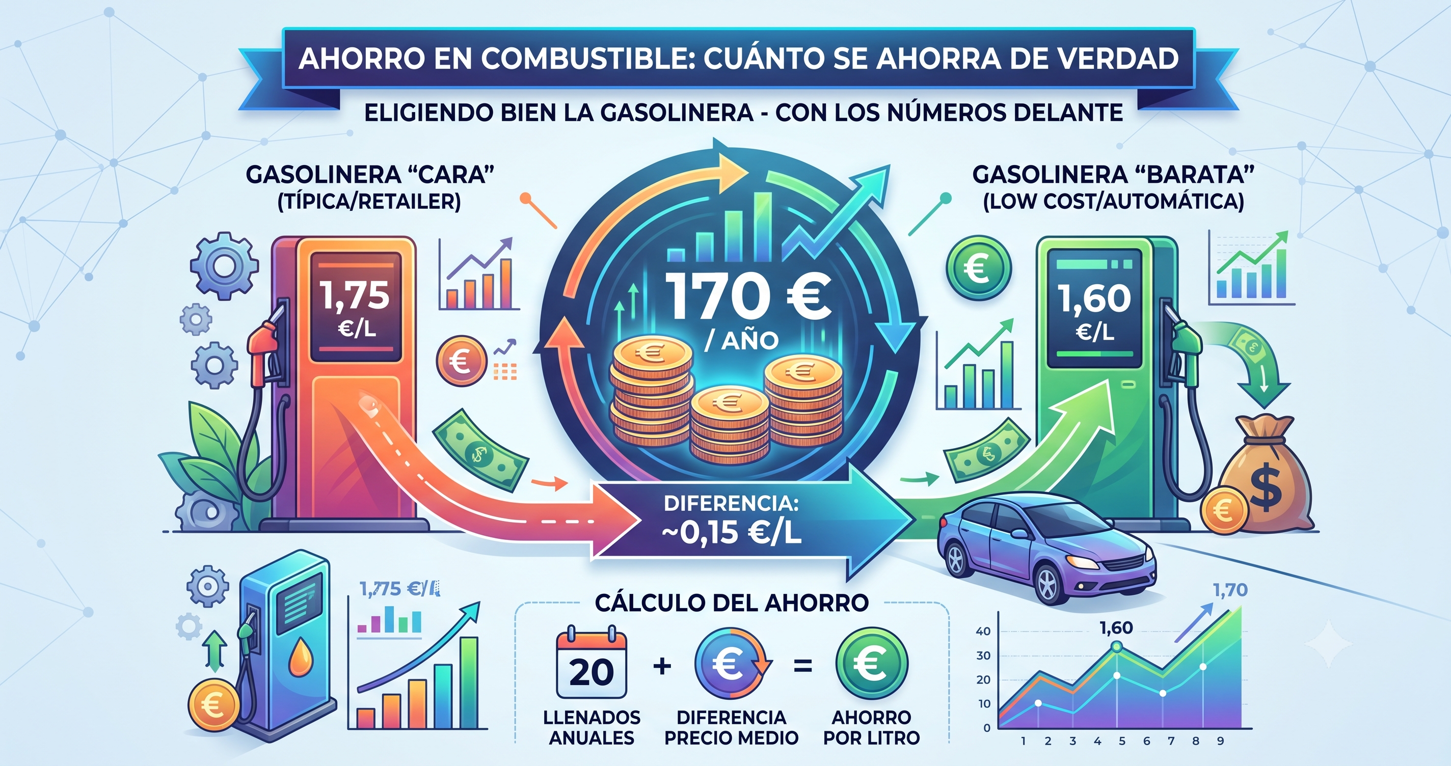 Cuánto se ahorra de verdad eligiendo bien la gasolinera: 170 € al año, con los números delante