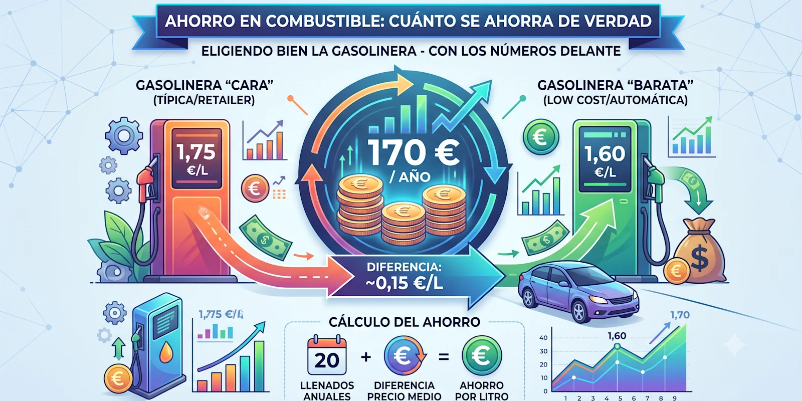 Cuánto se ahorra de verdad eligiendo bien la gasolinera: 170 € al año, con los números delante