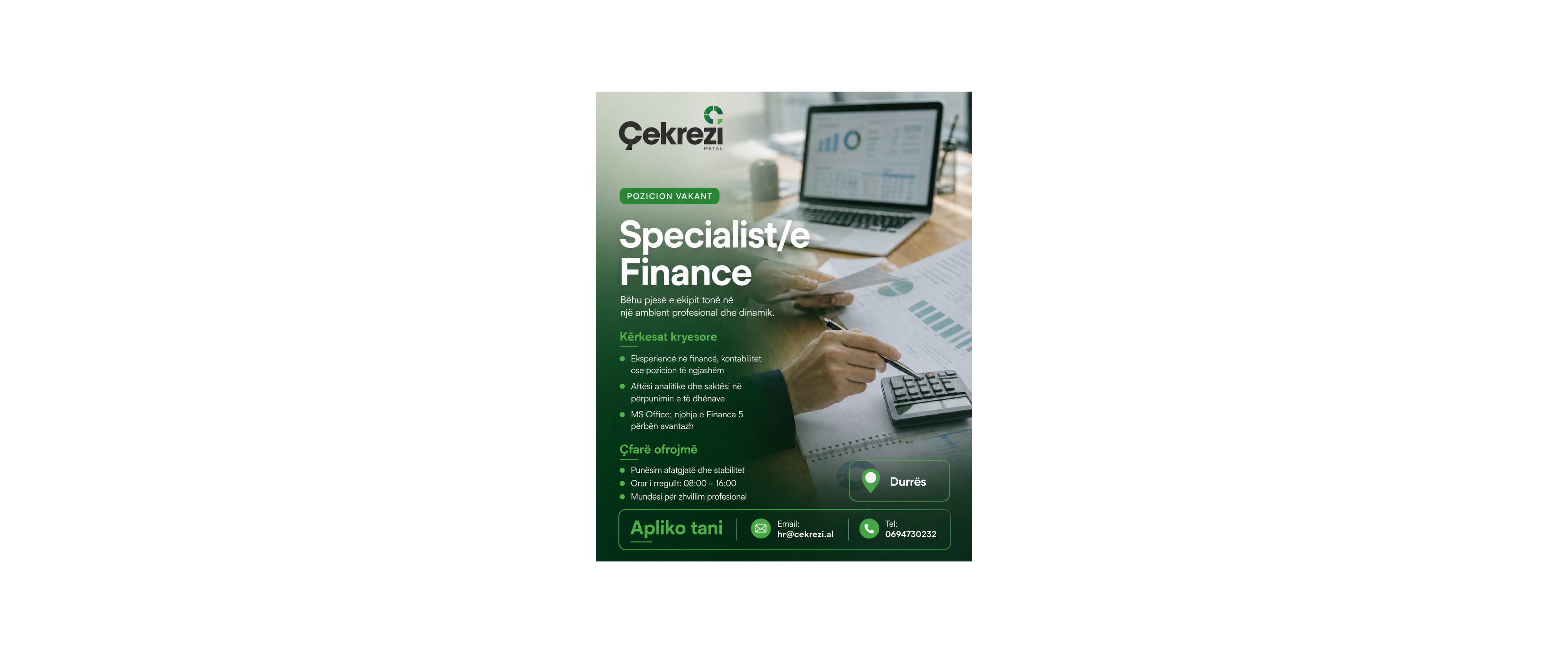 Vacancy: Finance Specialist: Durrës