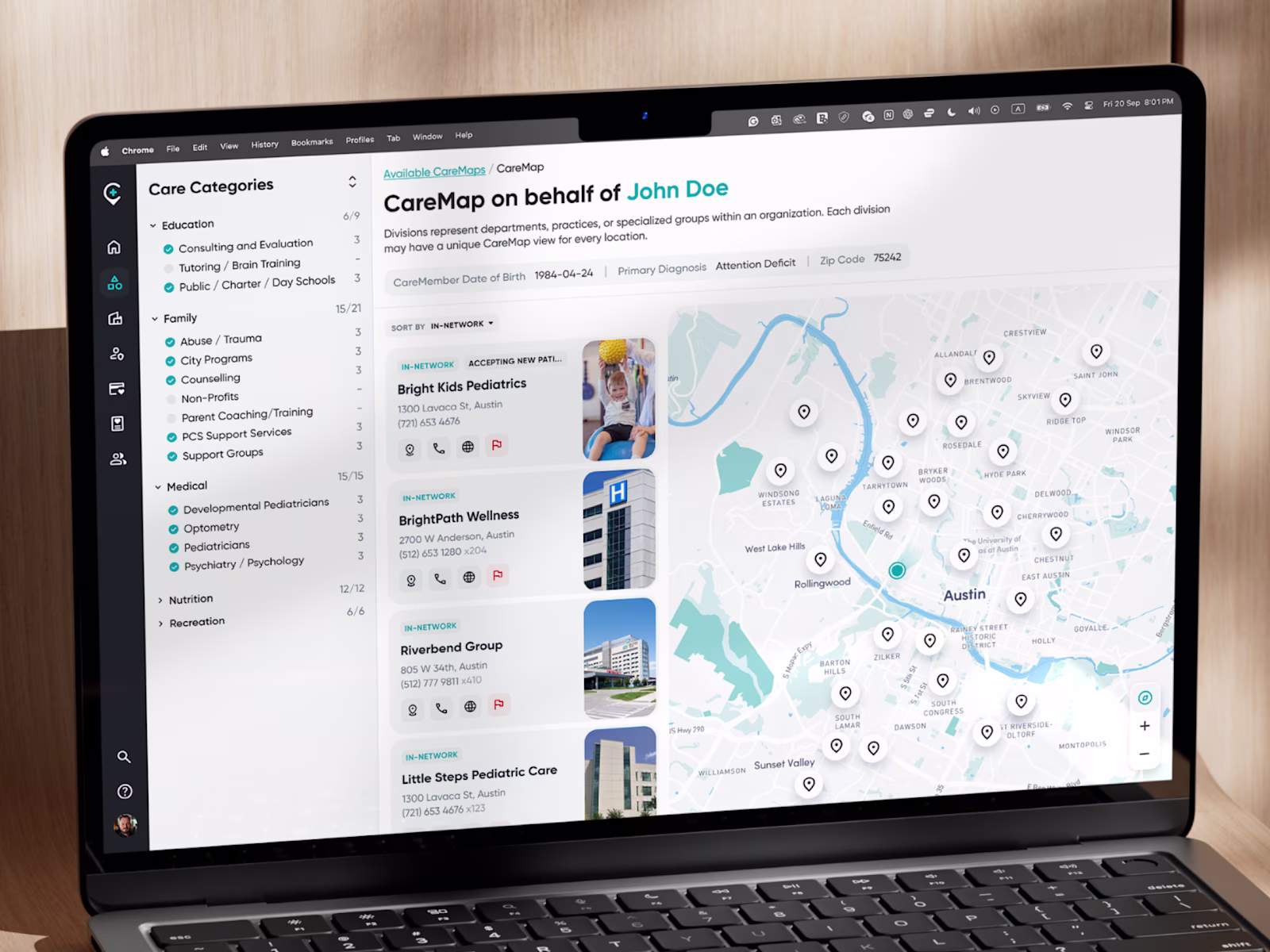 A CareMap built on behalf of a patient, with care categories and provider pins across Austin.