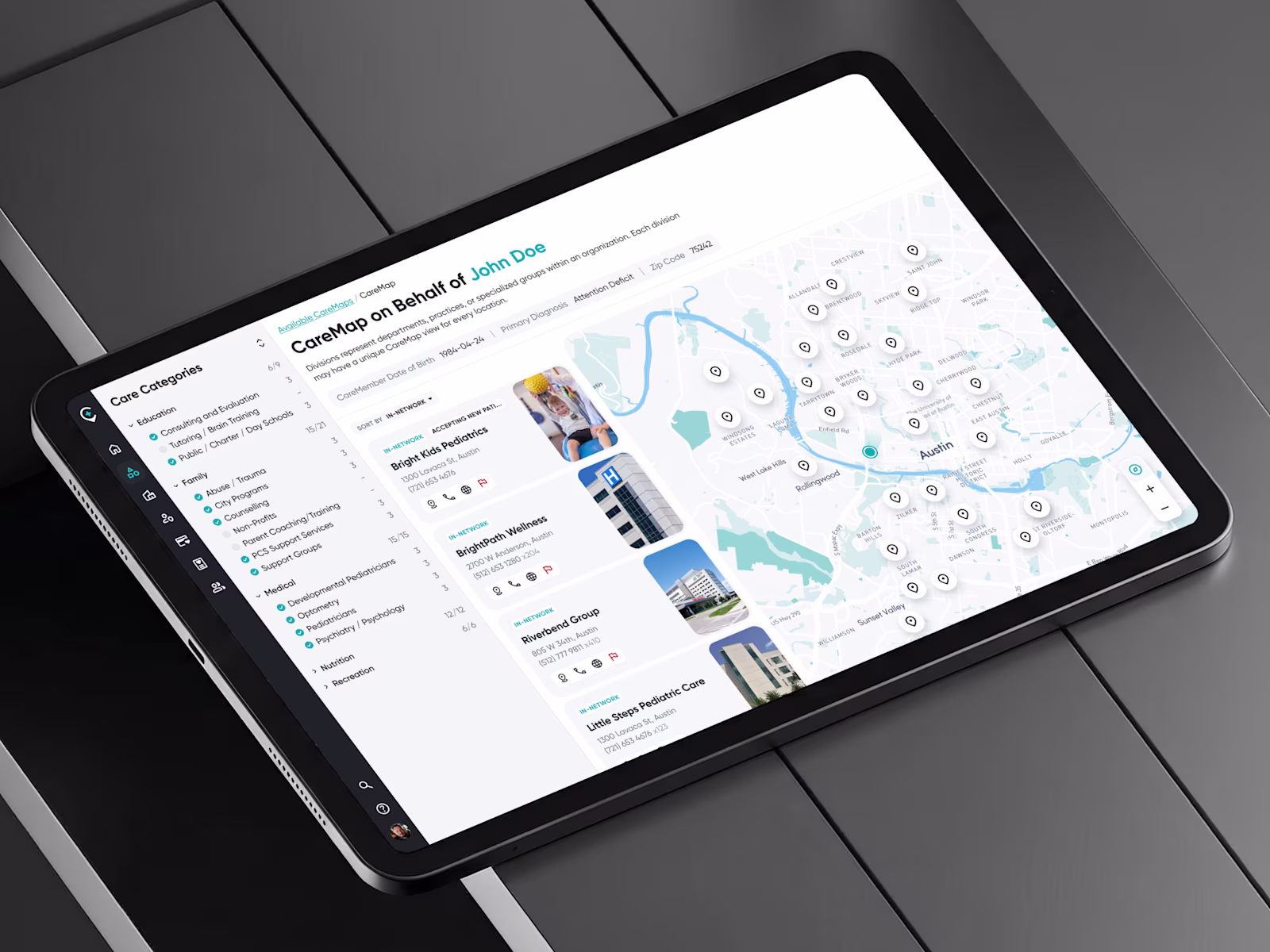 CareMap open on a tablet, with care categories beside mapped providers.