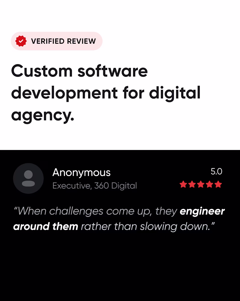 Verified Clutch review for custom software development for a digital agency. An executive at 360 Digital, 5.0: “When challenges come up, they engineer around them rather than slowing down.”