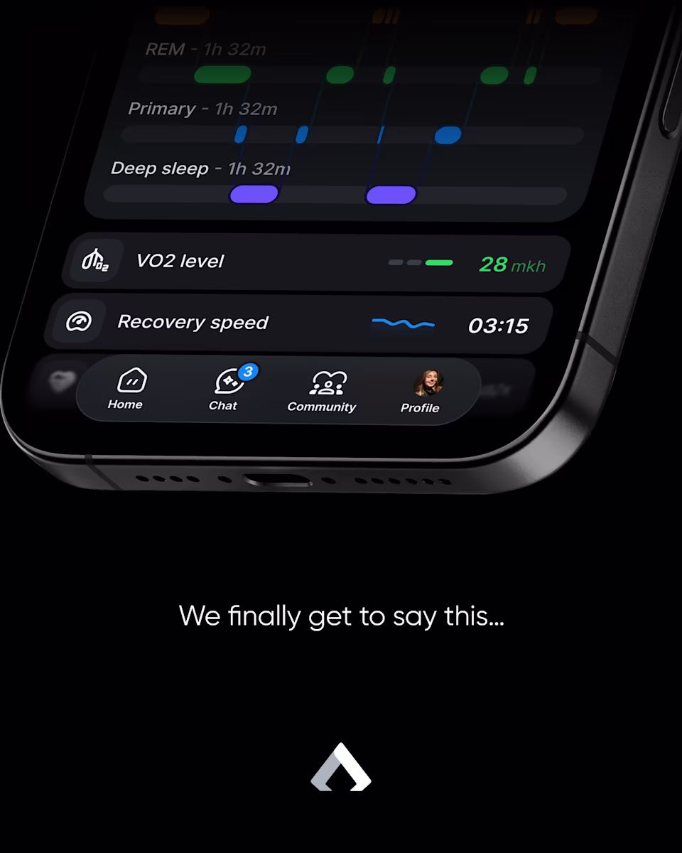 A phone showing Mira’s sleep stages, VO2 level, and recovery speed, with the line “We finally get to say this…”