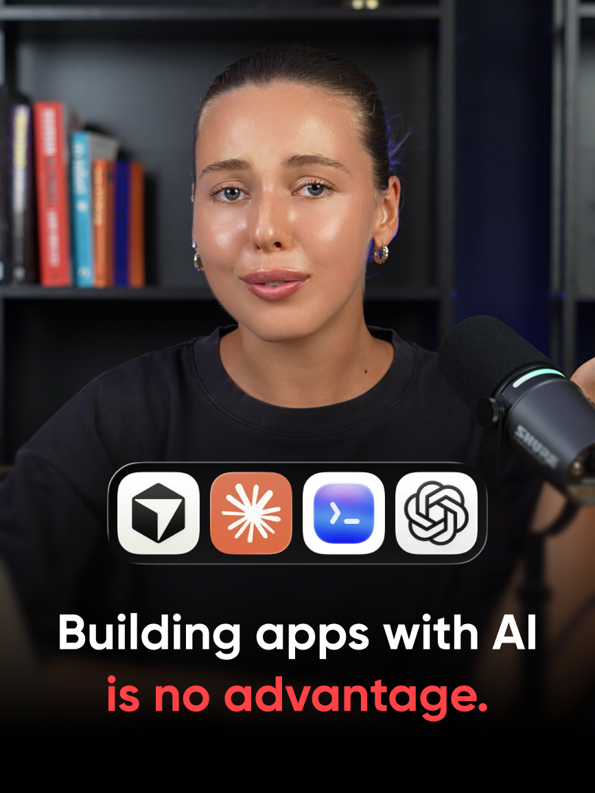 Valeria from Reliqio at a podcast microphone above the logos of four AI coding tools, with the title "Building apps with AI is no advantage."