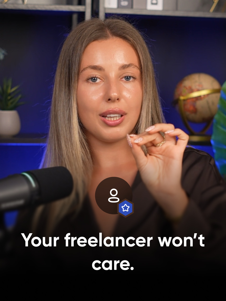 Valeria from Reliqio at a podcast microphone, gesturing as she speaks, with the title "Your freelancer won't care."