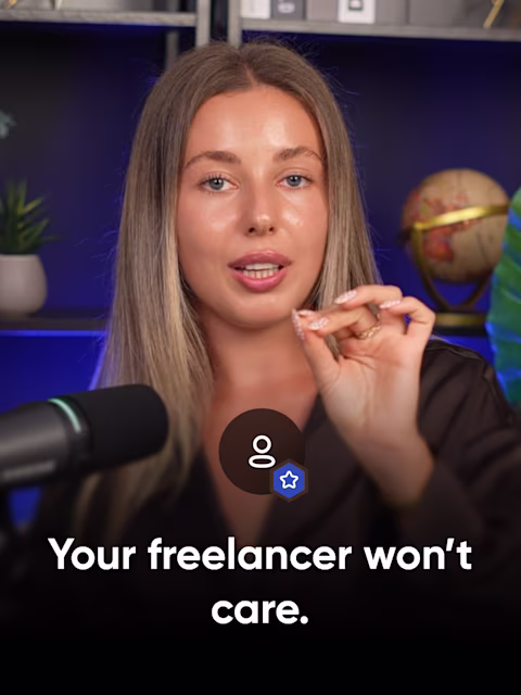Valeria from Reliqio at a podcast microphone, gesturing as she speaks, with the title "Your freelancer won't care."
