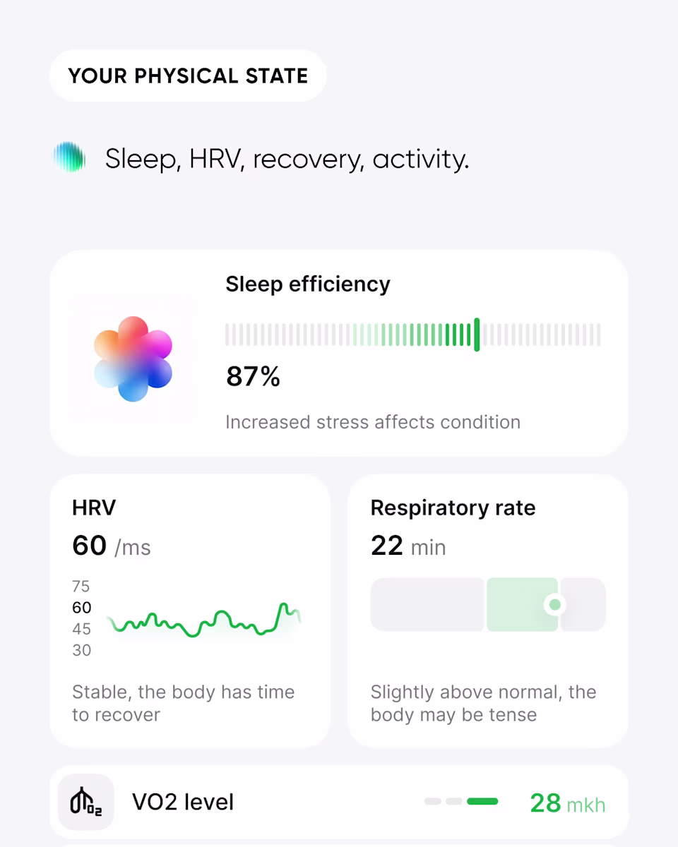 Your physical state: sleep, HRV, recovery, and activity, shown as Mira cards for sleep efficiency, HRV, respiratory rate, and VO2 level.
