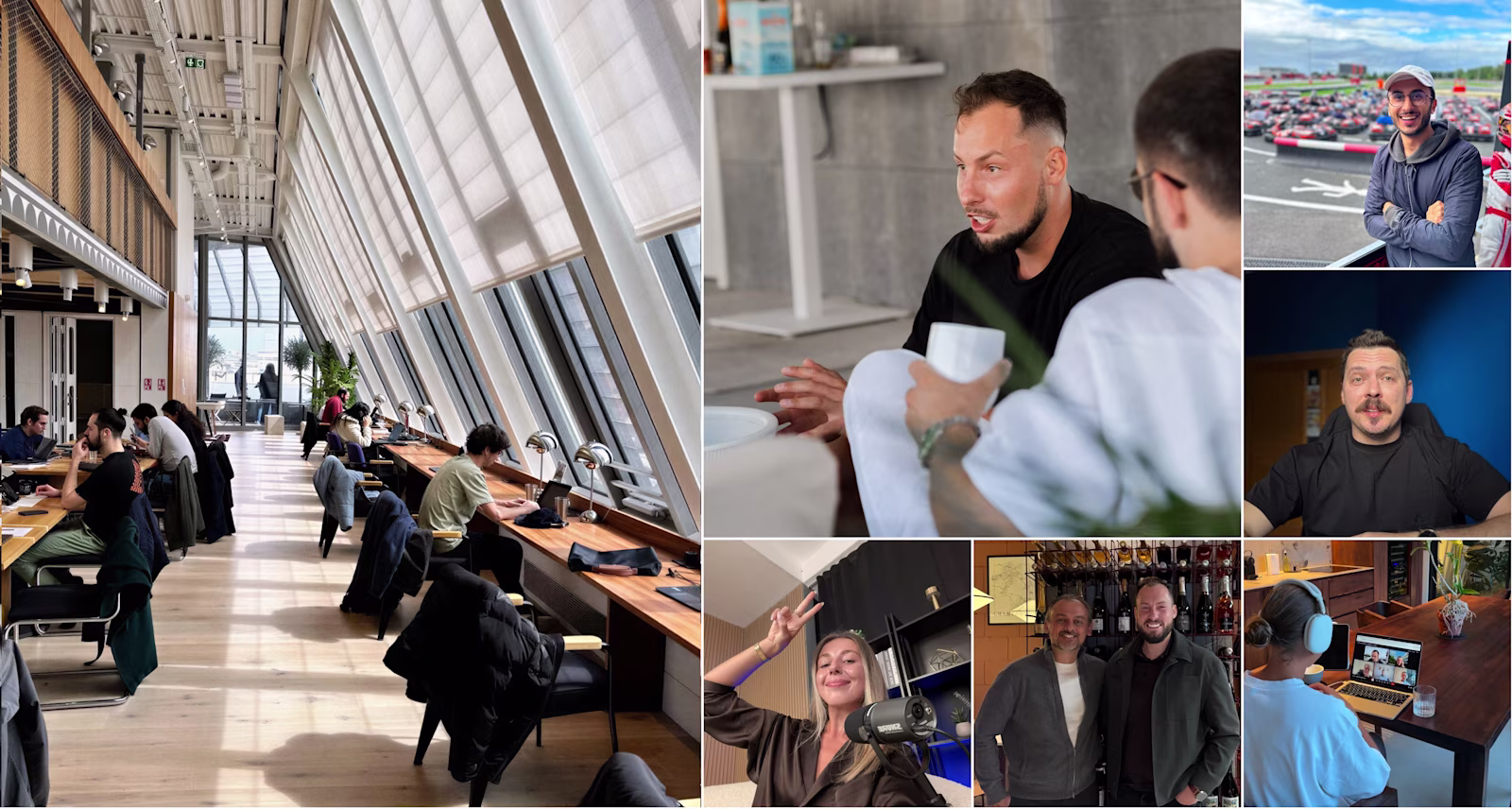 A collage of the Reliqio team, the workspaces, and the business partners.