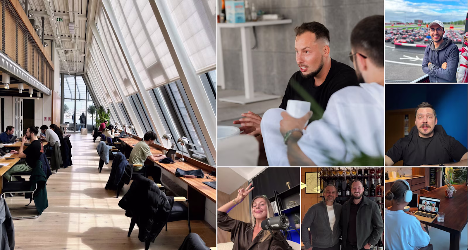 A collage of the Reliqio team, the workspaces, and the business partners.