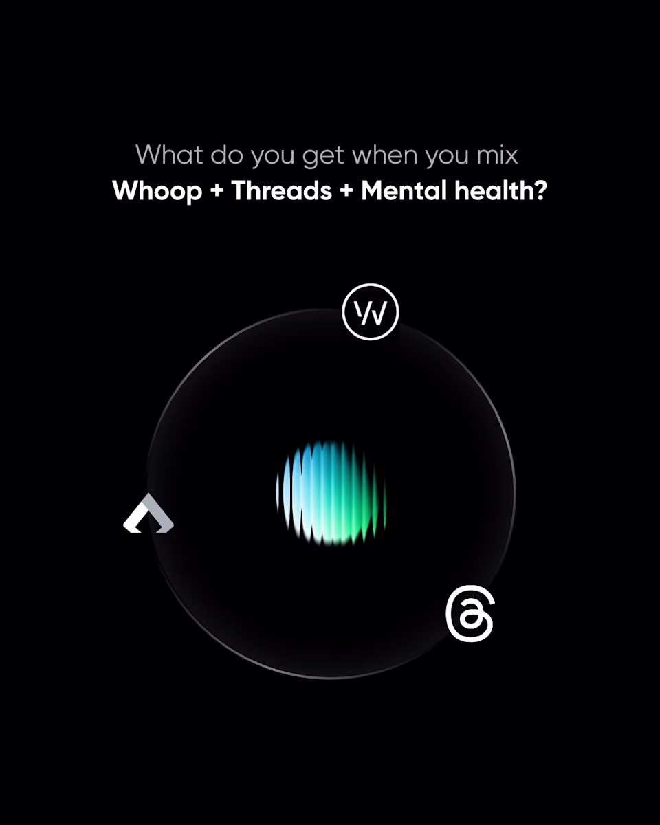 “What do you get when you mix Whoop + Threads + Mental health?” with the Whoop and Threads logos around Mira’s app icon.