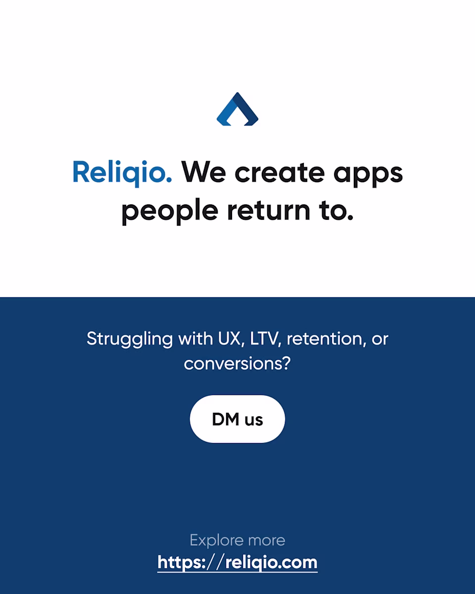 Closing slide: “Reliqio. We create apps people return to.” Struggling with UX, LTV, retention, or conversions? DM us. reliqio.com.