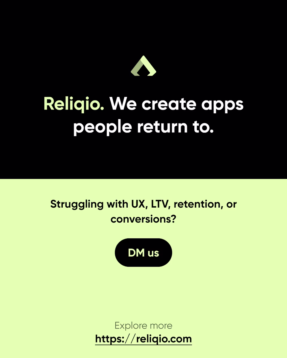 Closing slide: “Reliqio. We create apps people return to.” Struggling with UX, LTV, retention, or conversions? DM us. reliqio.com.
