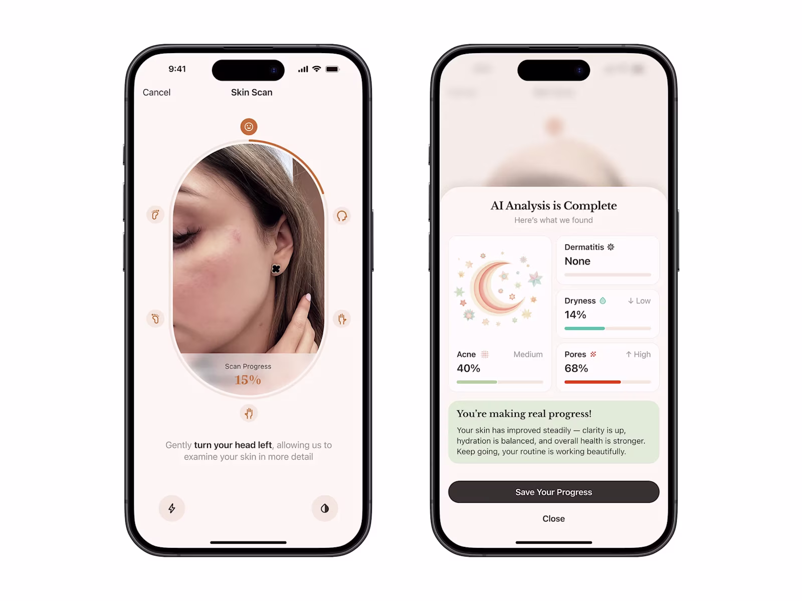 The AI Skin guided camera scan flow and the completed AI analysis result.