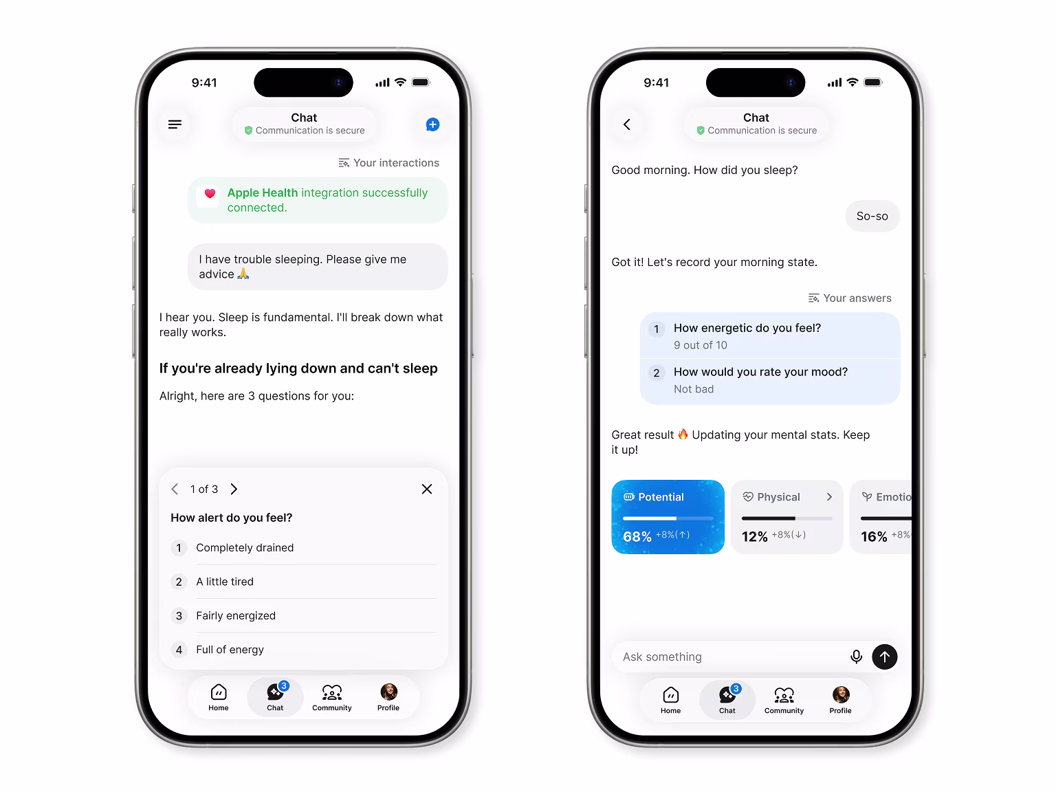 Mira conversational screening, with Apple Health connected and a morning check-in in progress.