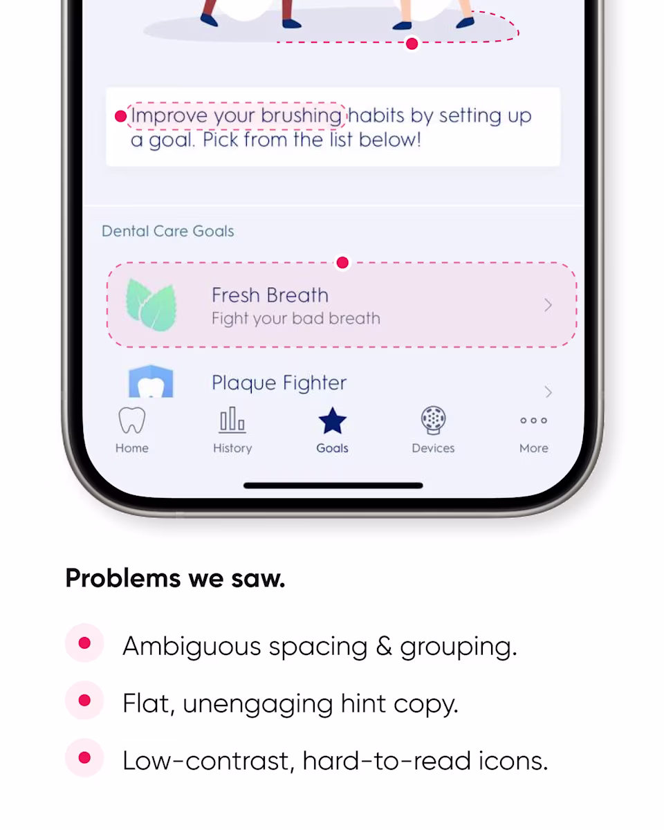 Goals page problems: ambiguous spacing and grouping, flat hint copy, and low-contrast icons.