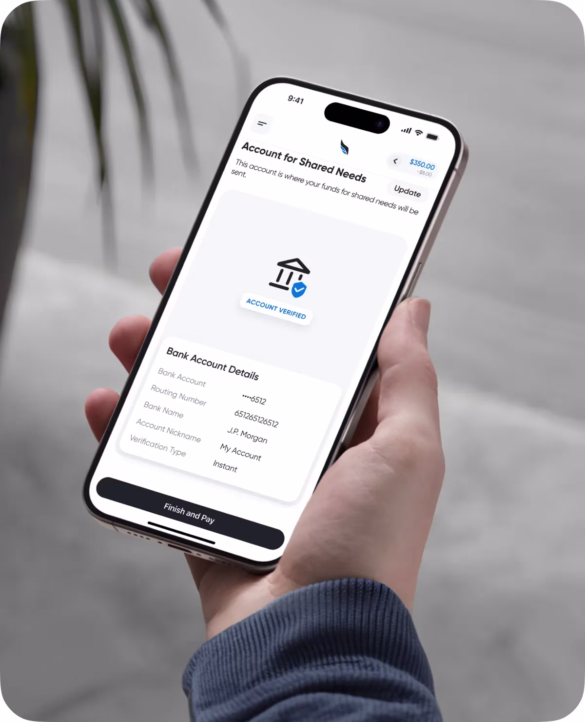 A verified bank account screen in a fintech app on iPhone