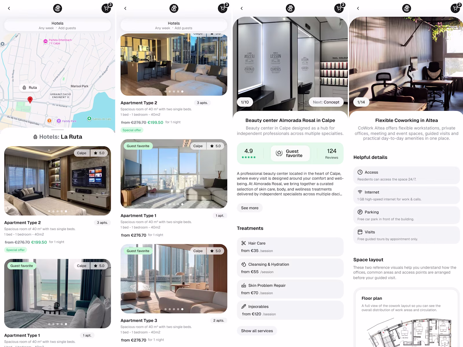 Four Almorada mobile screens: map search, apartment list, apartment detail and amenities.