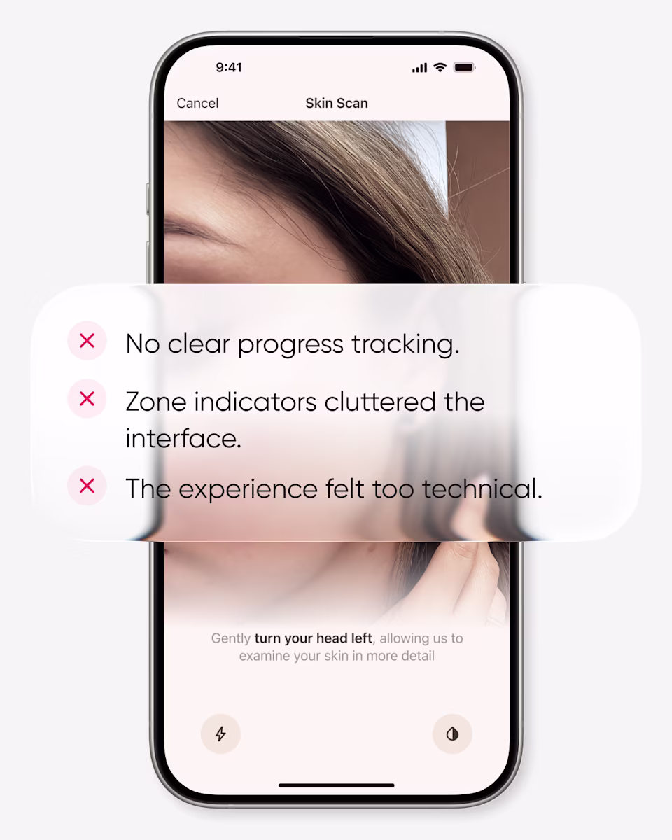 The full-screen skin scan on an iPhone, with its problems: no clear progress tracking, zone indicators cluttering the interface, and an experience that felt too technical.
