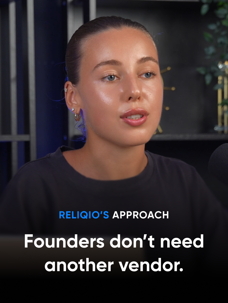 Valeria from Reliqio at her laptop, with the title "Reliqio's approach: founders don't need another vendor."