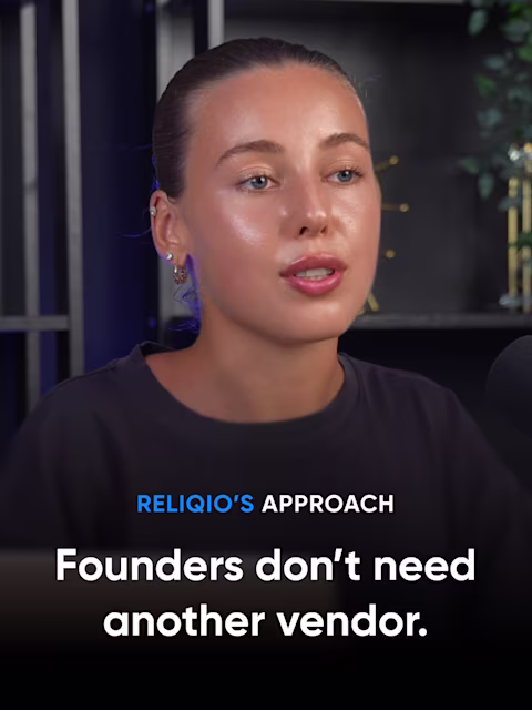 Valeria from Reliqio at her laptop, with the title "Reliqio's approach: founders don't need another vendor."