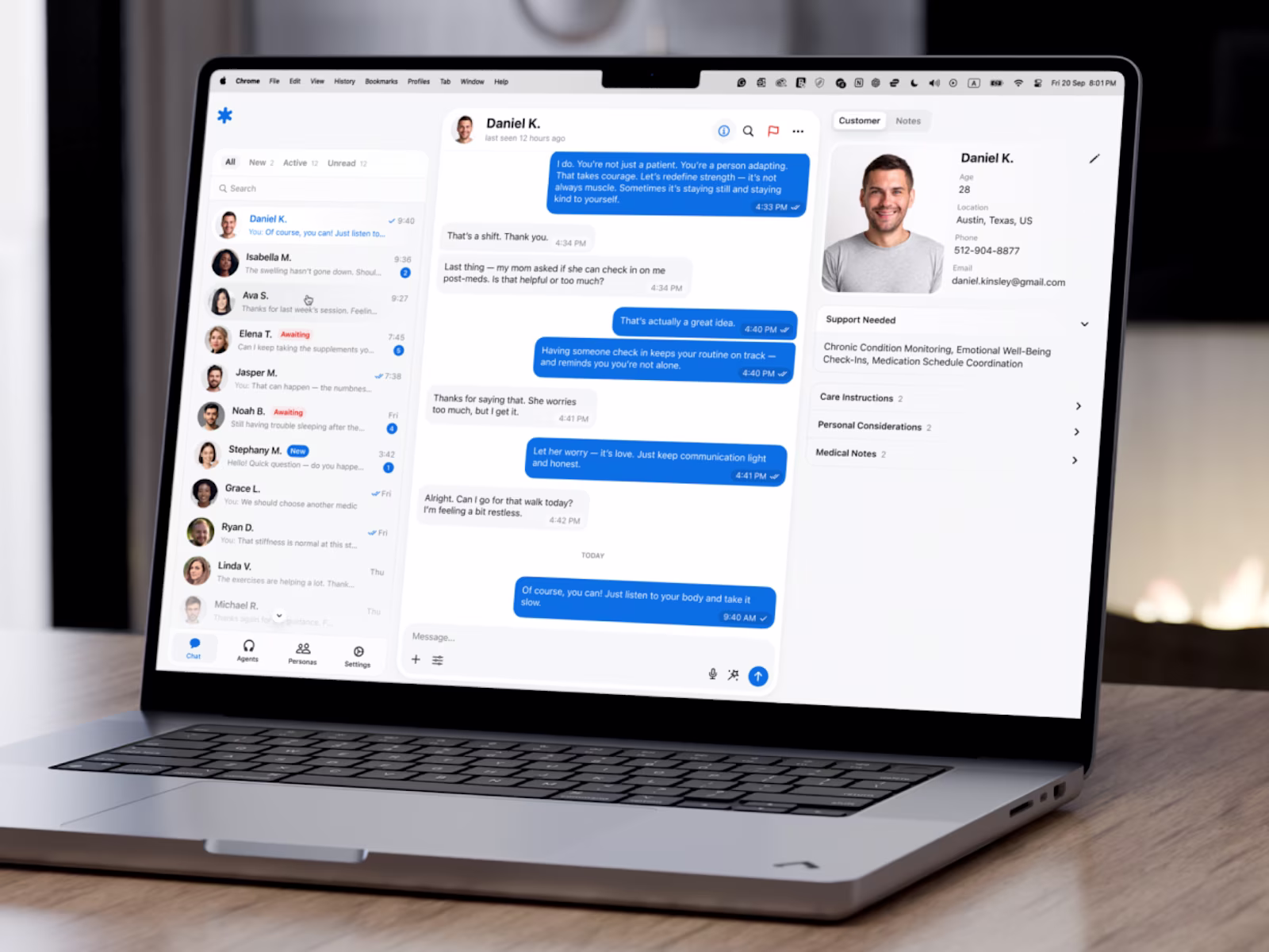 The MDC agent workspace showing the unified patient conversation inbox.